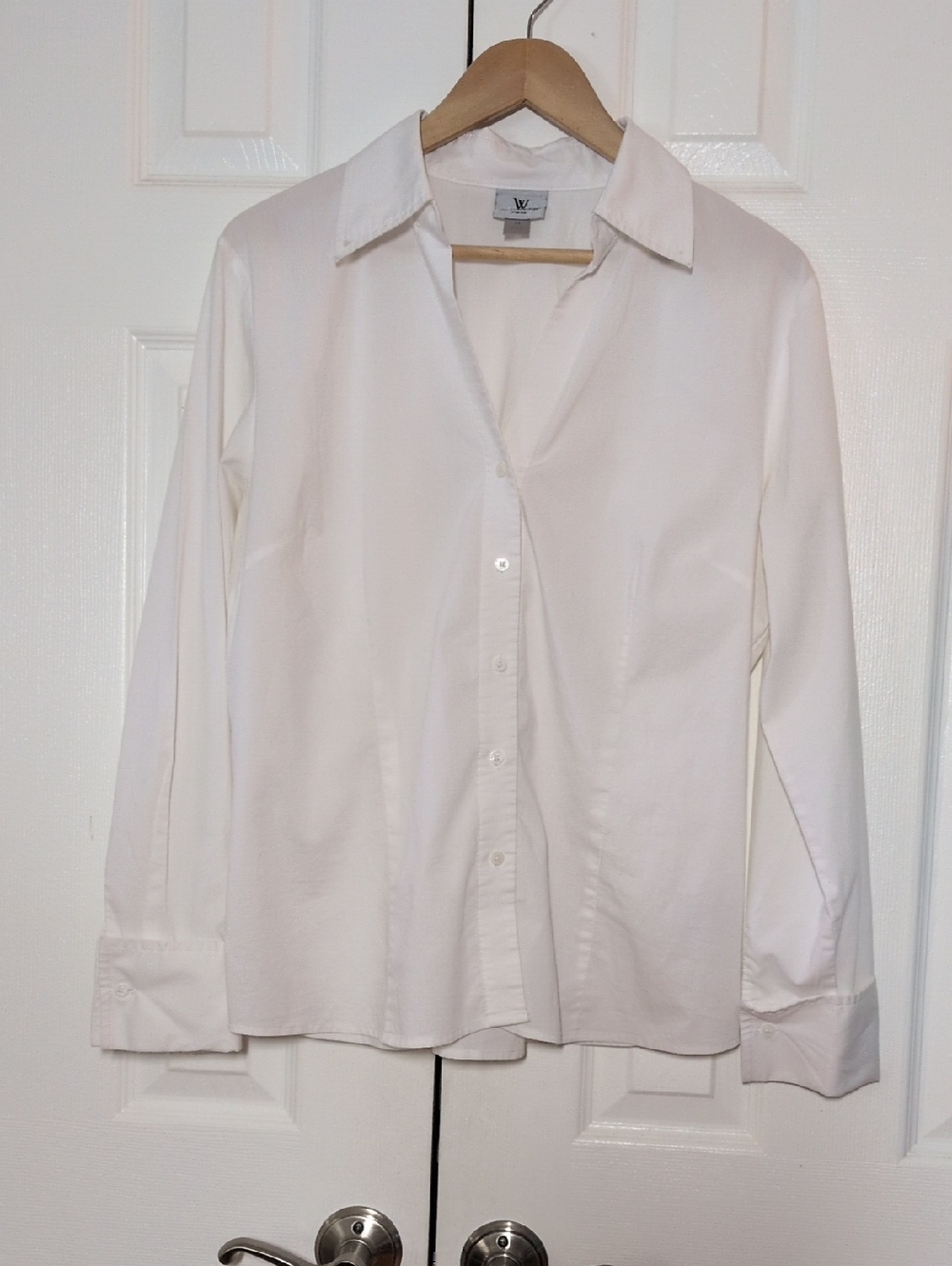Worthington women's White Stretch Button-Up poplin Shirt size 14 - Picture 2 of 10